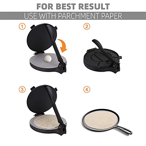 Cast Iron Tortilla Press, Heavy Duty Tortilla Maker, 10-inch Flour Tortilla Press with Foldable Handle,Taco press with Some Parchment Paper,10 Inch