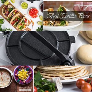 Cast Iron Tortilla Press, Heavy Duty Tortilla Maker, 10-inch Flour Tortilla Press with Foldable Handle,Taco press with Some Parchment Paper,10 Inch