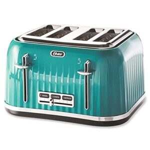 oster 4-slice extra wide slot pop up toaster with 9 shade settings, removable crumb tray, and quick check lever, teal w/ chrome accents