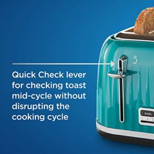 Oster 4-Slice Extra Wide Slot Pop Up Toaster with 9 Shade Settings, Removable Crumb Tray, and Quick Check Lever, Teal w/ Chrome Accents