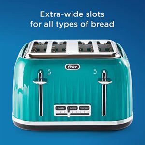 Oster 4-Slice Extra Wide Slot Pop Up Toaster with 9 Shade Settings, Removable Crumb Tray, and Quick Check Lever, Teal w/ Chrome Accents