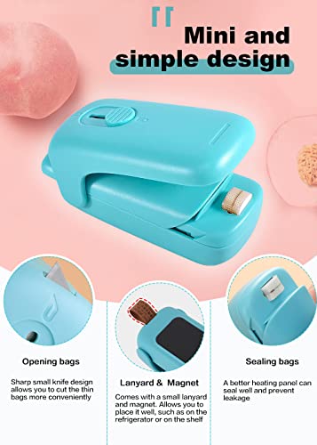 NOBVEQ Mini Bag Sealer, Handheld Heat Vacuum Sealer, Cutter with Lanyard and 2 in 1 Heat Sealer, Portable Bag Resealer Machine for Plastic Bags Food Storage Snacks Freshness - LakeBlue