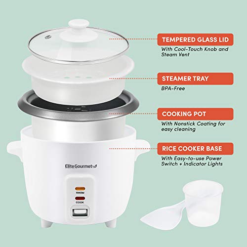 Elite Gourmet ERC-006NST# Electric Rice Cooker with Non Stick Inner Pot Makes Soups, Stews, Grains, Cereals, Keep Warm Feature, 6 Cups, White