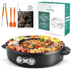 food party duo electric smokeless grill and hot pot, with separable cooking plate, deluxe combo of 1 recipe book, 1 tong, 1 oil brush, 1 pack of parchment paper, for hotpot kbbq, barbecue & grill