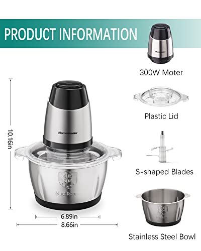 Meat Grinder Electric Food Chopper Processor by Homeleader 8 Cup Chicken Grinder Chopper with Stainless Steel Bowl for Lean Ground Meat Vegetables Fruits Nuts Ice Fast and Slow 2 Speeds 4 Sharp Blades Pure Copper Motor
