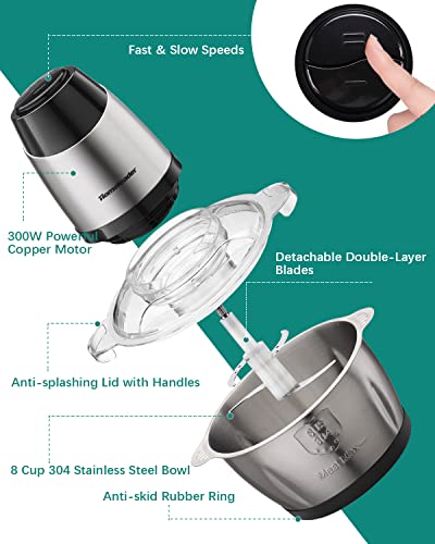 Meat Grinder Electric Food Chopper Processor by Homeleader 8 Cup Chicken Grinder Chopper with Stainless Steel Bowl for Lean Ground Meat Vegetables Fruits Nuts Ice Fast and Slow 2 Speeds 4 Sharp Blades Pure Copper Motor