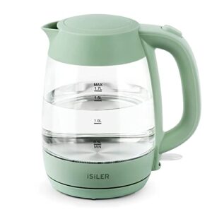 isiler 1500w electric kettle, 1.7 l electric tea kettle with led indicator, cordless electric glass hot water boiler, portable teapot heater auto shut-off & boil-dry protection bpa-free green