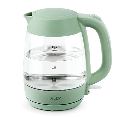 iSiLER 1500W Electric Kettle, 1.7 L Electric Tea Kettle with LED Indicator, Cordless Electric Glass Hot Water Boiler, Portable Teapot Heater Auto Shut-Off & Boil-Dry Protection BPA-Free Green