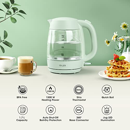 iSiLER 1500W Electric Kettle, 1.7 L Electric Tea Kettle with LED Indicator, Cordless Electric Glass Hot Water Boiler, Portable Teapot Heater Auto Shut-Off & Boil-Dry Protection BPA-Free Green