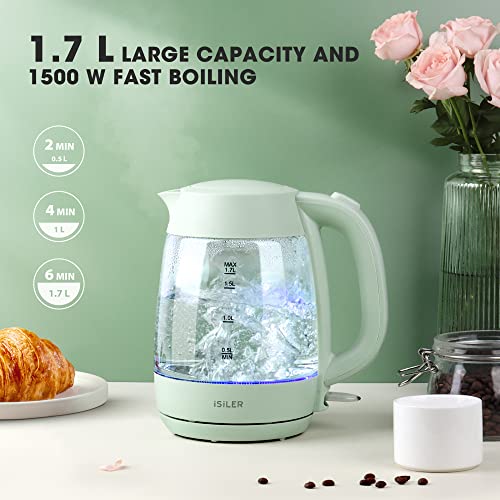 iSiLER 1500W Electric Kettle, 1.7 L Electric Tea Kettle with LED Indicator, Cordless Electric Glass Hot Water Boiler, Portable Teapot Heater Auto Shut-Off & Boil-Dry Protection BPA-Free Green