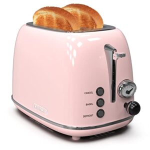 toaster 2 slice,retro stainless steel toaster with 6 settings, 1.5 in extra wide slots, bagel/defrost/cancel function, removable crumb tray (baby pink)