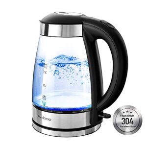 evoloop electric tea kettle 1.7l hot water boiler, 1500w glass water kettle with auto shut-off & boil dry protection, bpa free, cordless base & led indicator