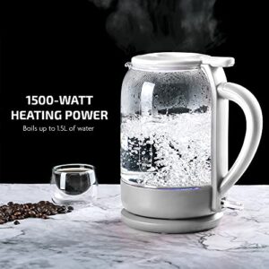 OVENTE Electric Glass Kettle 1.5 Liter 1500W Instant Hot Water Boiler Heater with ProntoFill Tech, Boil-Dry Protection, Automatic Shut Off, Fast Boiling for Tea & Coffee, White KG516W