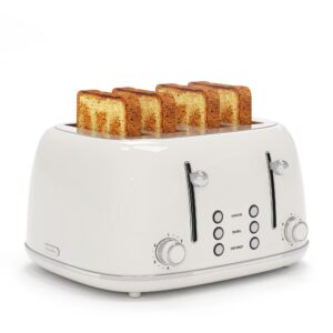 toaster 4 slice, retro stainless toaster with 6 bread shade settings,1.5''wide slots toaster with cancel/defrost/reheat functions,dual independent control panel, removal crumb tray and high lift lever (white)