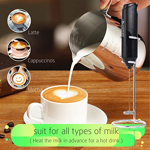 Milk Frother Handheld with Stand, Frother Whisk, Milk Foamer, Drink Mixer Coffee Frother for Latte, Cappuccinos, Hot Chocolate - AA Battery Operated - Black