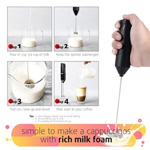 Milk Frother Handheld with Stand, Frother Whisk, Milk Foamer, Drink Mixer Coffee Frother for Latte, Cappuccinos, Hot Chocolate - AA Battery Operated - Black