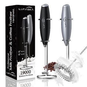 lunasea handheld milk frother with stand, frother wand, electric frother for coffee whisk, hand mixer blender milk foamer, drink mixer, electric whisker for mixing, latte, cappuccino, matcha (black)
