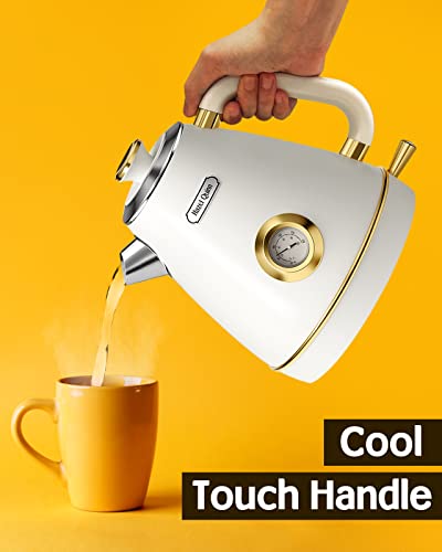 Hazel Quinn Retro Electric Kettle - 1.7 Liters / 57.5 Ounces Tea Kettle with Thermometer, All Stainless Steel, Fast Boiling 1200W, BPA-free, Cordless, Rotational Base, Automatic Shut Off - Pearl White