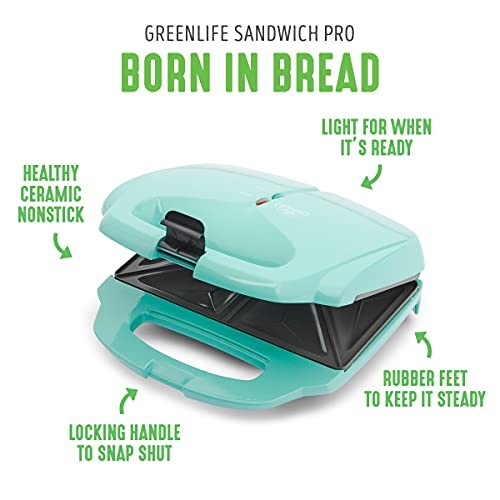 GreenLife Pro Electric Panini Press Grill and Sandwich Maker, Healthy Ceramic Nonstick Plates, Easy Indicator Light, PFAS-Free, Turquoise