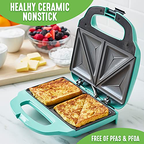 GreenLife Pro Electric Panini Press Grill and Sandwich Maker, Healthy Ceramic Nonstick Plates, Easy Indicator Light, PFAS-Free, Turquoise