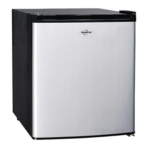 koolatron stainless steel compact fridge with freezer, 1.6 cubic feet (44 l) capacity, silver and black, for snacks, frozen meals, beverages, juice, beer, den, dorm, office, games room, or rv