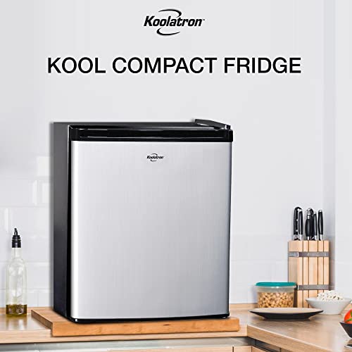 Koolatron Stainless Steel Compact Fridge with Freezer, 1.6 Cubic Feet (44 L) Capacity, Silver and Black, for Snacks, Frozen Meals, Beverages, Juice, Beer, Den, Dorm, Office, Games Room, or RV