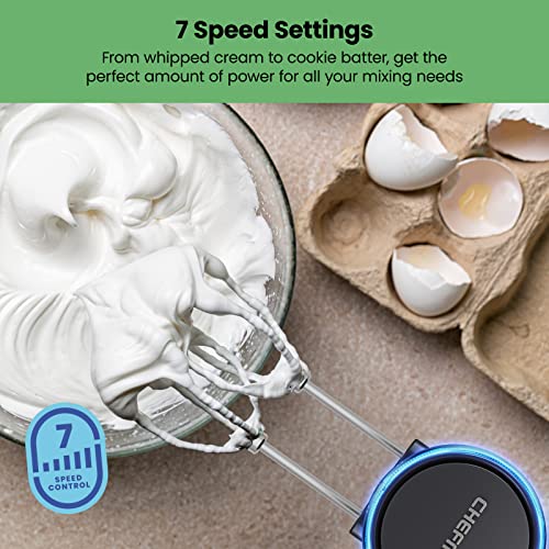 Chefman Cordless Hand Mixer, 7 Speed Electric Handheld Kitchen Food Mixer, Easily Whisk Eggs, Whip Cream, or Mix Cookie Dough, Digital Display, Dishwasher Safe Parts, and LED Charge Indicator Light