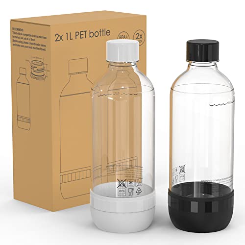 Mycket Soda Maker Bottles, Carbonating Bottles, 1L BPA Free Reusable PET Sparkling Water Bottles for Soda Machine, 2 Pack, Black+White