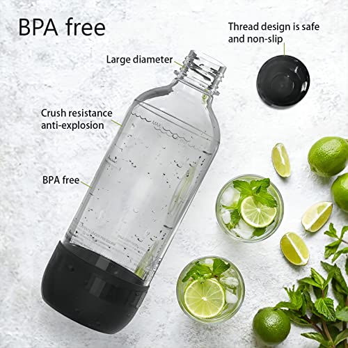 Mycket Soda Maker Bottles, Carbonating Bottles, 1L BPA Free Reusable PET Sparkling Water Bottles for Soda Machine, 2 Pack, Black+White