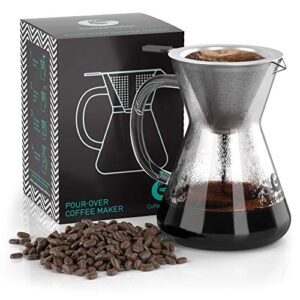 coffee gator pour over coffee maker - 14 oz paperless, portable, drip coffee brewer pour over set w/glass carafe & stainless-steel mesh filter, 400ml clear