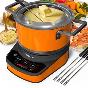 greecho fondue pot electric set - 2.6 qt stainless steel electric fondue pot with 3 preset mode (cheese, chocolate & broth) and precise digital 7 gear temperature control, 1200w fondue pot set with separated fondue pot & 6 color-coded forks (carrot orange