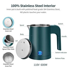 Small Electric Kettle Stainless Steel, 0.6L Portable Travel Kettle with Double Wall Construction, Mini Hot Water Boiler Heater, Electric Tea Kettle for Business Trip, Camping, Travel, Office (Green)