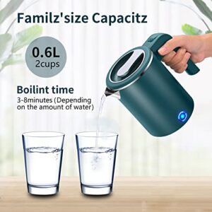 Small Electric Kettle Stainless Steel, 0.6L Portable Travel Kettle with Double Wall Construction, Mini Hot Water Boiler Heater, Electric Tea Kettle for Business Trip, Camping, Travel, Office (Green)