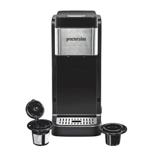 proctor silex single-serve coffee maker compatible with pod packs and grounds, 40 oz. reservoir makes four 10 oz. cups without refilling, black & stainless steel (49919)
