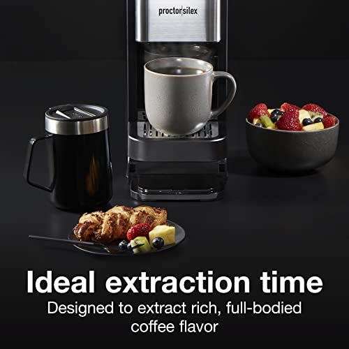 Proctor Silex Single-Serve Coffee Maker Compatible with Pod Packs and Grounds, 40 oz. Reservoir Makes Four 10 oz. Cups Without Refilling, Black & Stainless Steel (49919)