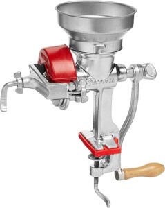 victoria manual low hopper grain grinder, silver, red