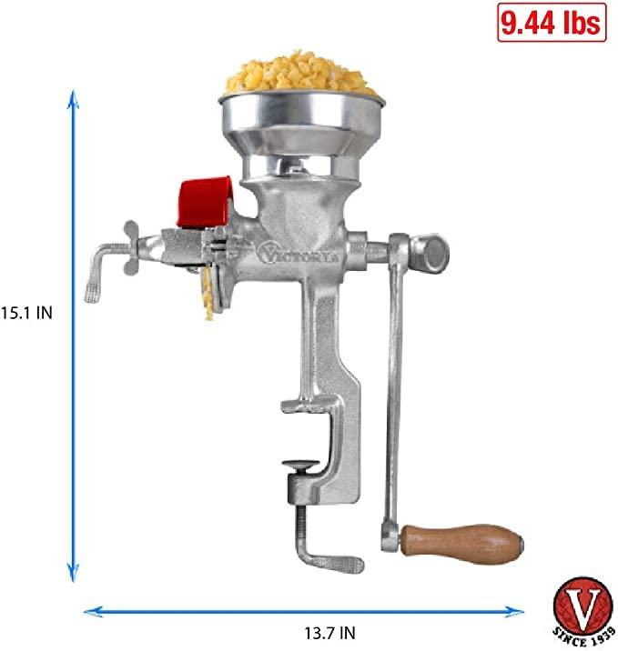 Victoria Manual Low Hopper Grain Grinder, silver, red