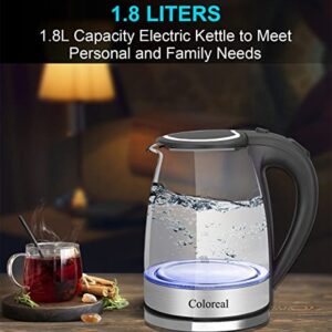 Water Electric Kettle, 1.8L Glass Electric Tea Kettle 1200w Cordless Electric Kettle with LED Light Portable Water Heater Boiler Pot Tea kettle Fast Boiling BPA-Free Auto Shut-off Boil-Dry Protection