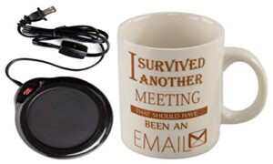 home-x mug warmer, desktop heated coffee & tea - candle & wax warmer (black) and i survived another meeting coffee mug 6.57 x 6.18 x 5.67”