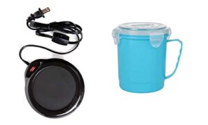 home-x mug warmer, desktop heated coffee & tea - candle & wax warmer (black) and microwave soup mug with secure snap close vented lid, 22 ounce, blue