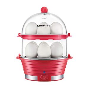 chefman electric egg cooker boiler, rapid poacher, food & vegetable steamer, quickly makes up to 12, hard or soft boiled, poaching and omelet trays included, ready signal, bpa-free, red