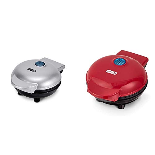 Dash DMS001SL Mini Maker Electric Round Griddle + Included Recipe Book, Silver & Mini Maker Portable Grill Machine + Panini Press with Recipe Guide - Red