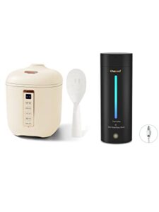 chaceef mini rice cooker 2-cups uncooked, 1.2l portable non-stick small travel rice cooker, beige & chaceef travel electric kettle, 350ml small portable kettle with 304 stainless steel, black