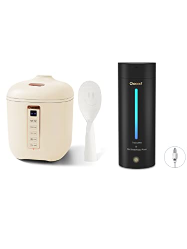 CHACEEF Mini Rice Cooker 2-Cups Uncooked, 1.2L Portable Non-Stick Small Travel Rice Cooker, Beige & CHACEEF Travel Electric Kettle, 350ml Small Portable Kettle with 304 Stainless Steel, Black