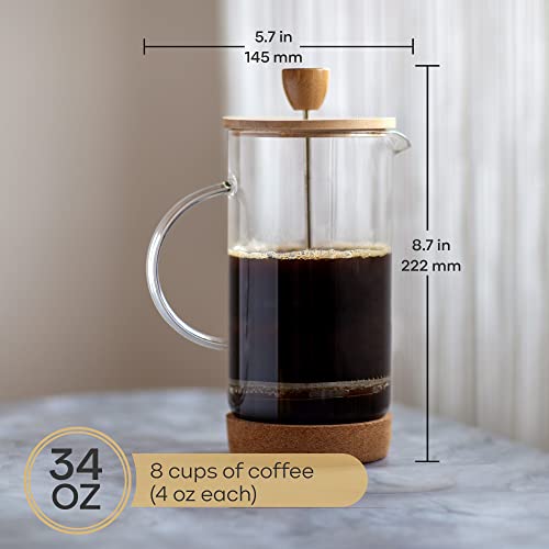 UpNew Style French Press Coffee Maker 34 Ounce, Cold Brew Coffee Maker, Stainless Steel French Press Glass, Heat-resistant Thickened Borosilicate Glass, Eco-friendly Bamboo lid, Cork Base