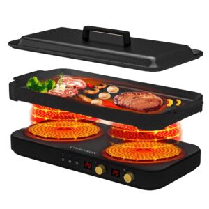 cooktron portable induction cooktop 2 burner with removable iron cast griddle pan non-stick, 1800w double induction cooktop with child safety lock & time, great for family party