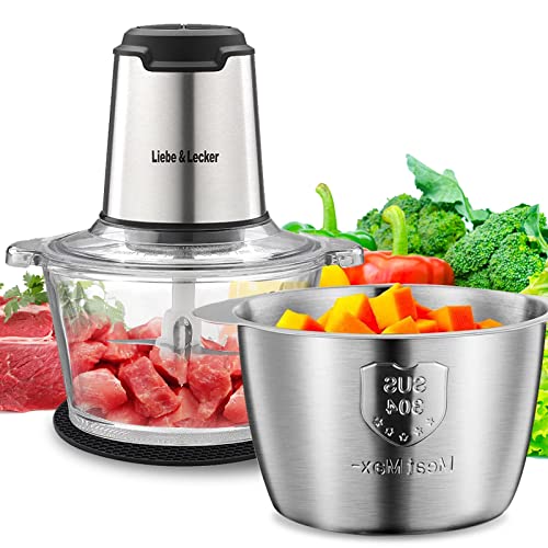 Liebe&Lecker Food Processor, Electric Food Chopper with 2 Bowls 8 Cup and 8 Cup, Meat Grinder with 4 Large Sharp Blades for Fruits, Meat, Vegetables, Baby Food, Nuts, 2 Speed, 350W