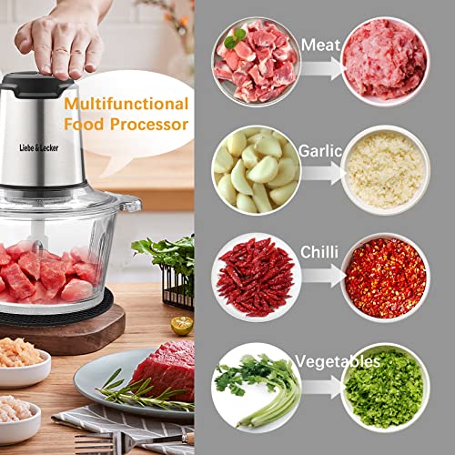 Liebe&Lecker Food Processor, Electric Food Chopper with 2 Bowls 8 Cup and 8 Cup, Meat Grinder with 4 Large Sharp Blades for Fruits, Meat, Vegetables, Baby Food, Nuts, 2 Speed, 350W