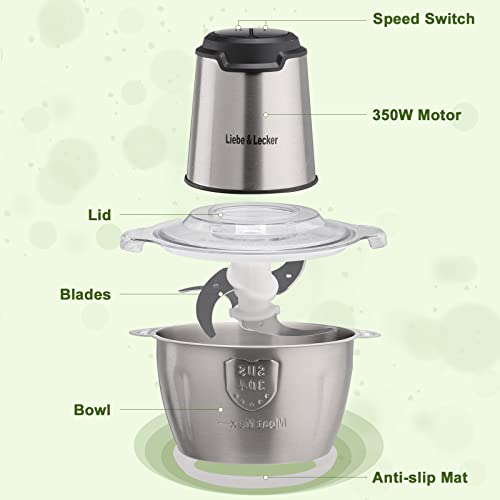 Liebe&Lecker Food Processor, Electric Food Chopper with 2 Bowls 8 Cup and 8 Cup, Meat Grinder with 4 Large Sharp Blades for Fruits, Meat, Vegetables, Baby Food, Nuts, 2 Speed, 350W