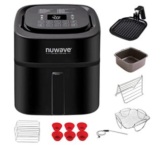 nuwave brio 6-quart healthy digital smart air fryer with probe one-touch digital controls, advanced cooking functions, removable divider insert & grill pan (new accessory)